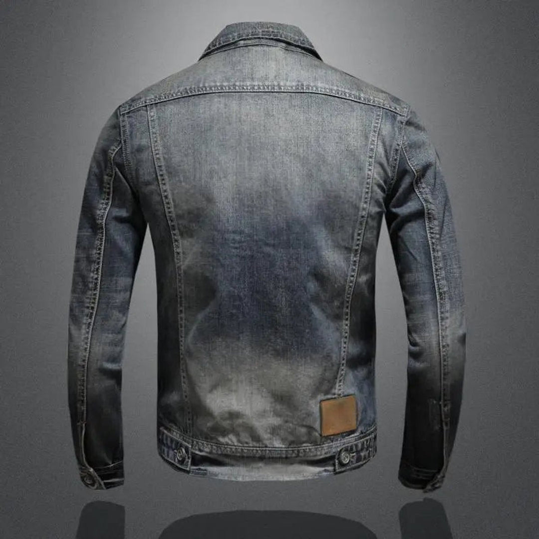 Callahan denim jacket back view with leather patch detail