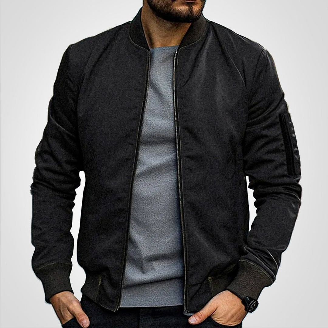 Callahan ribbed trim bomber jacket in black, front view