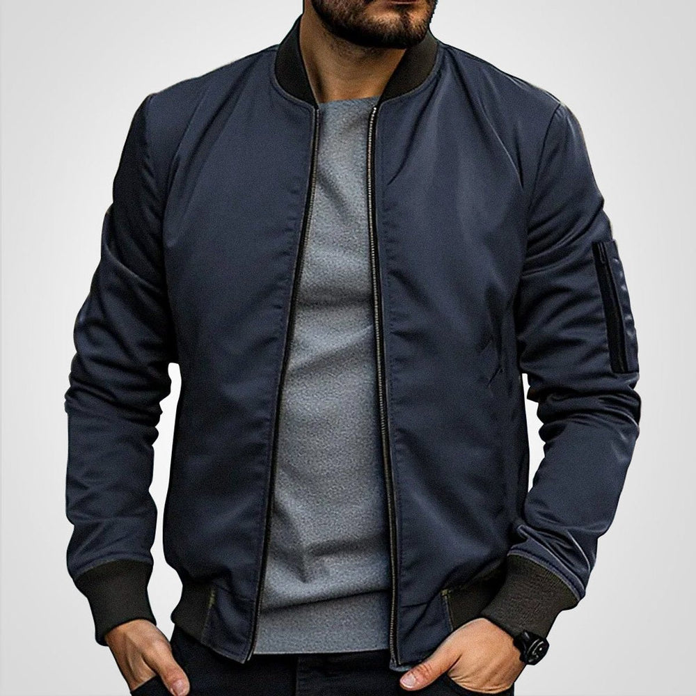 Callahan ribbed trim bomber jacket in navy, front view