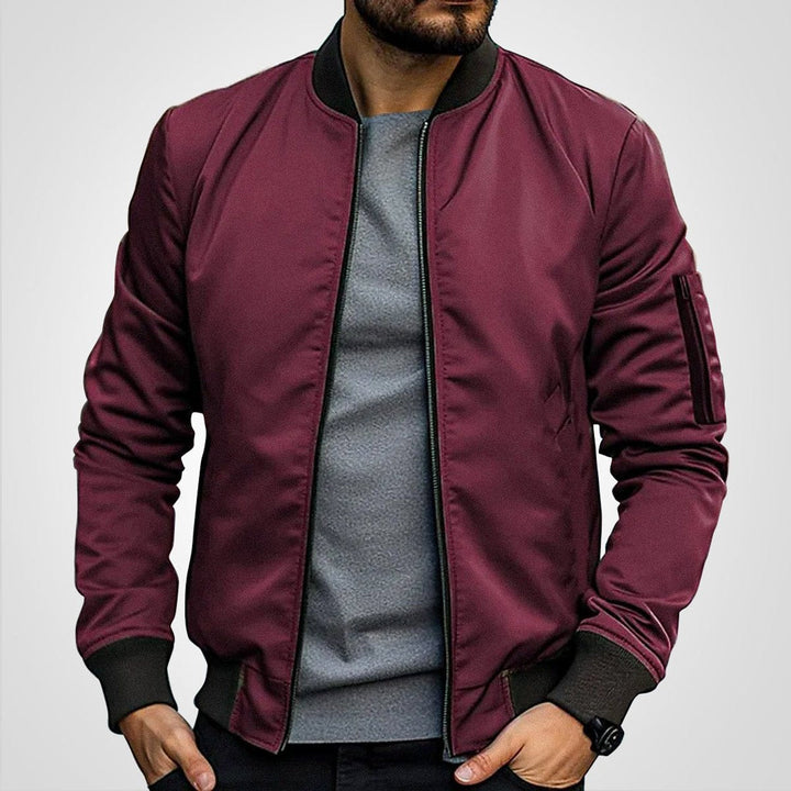 Callahan ribbed trim bomber jacket in burgundy, front view