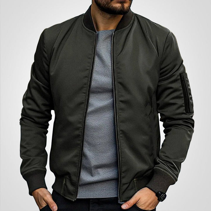 Callahan ribbed trim bomber jacket in olive green, front view