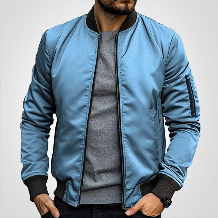 Callahan ribbed trim bomber jacket in blue, front view