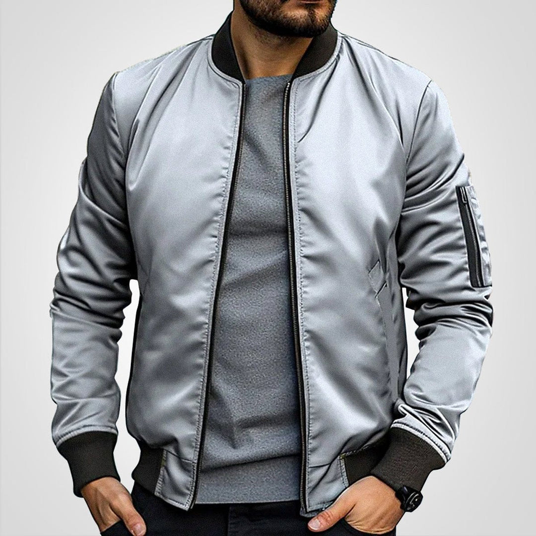 Callahan ribbed trim bomber jacket in light gray, front view