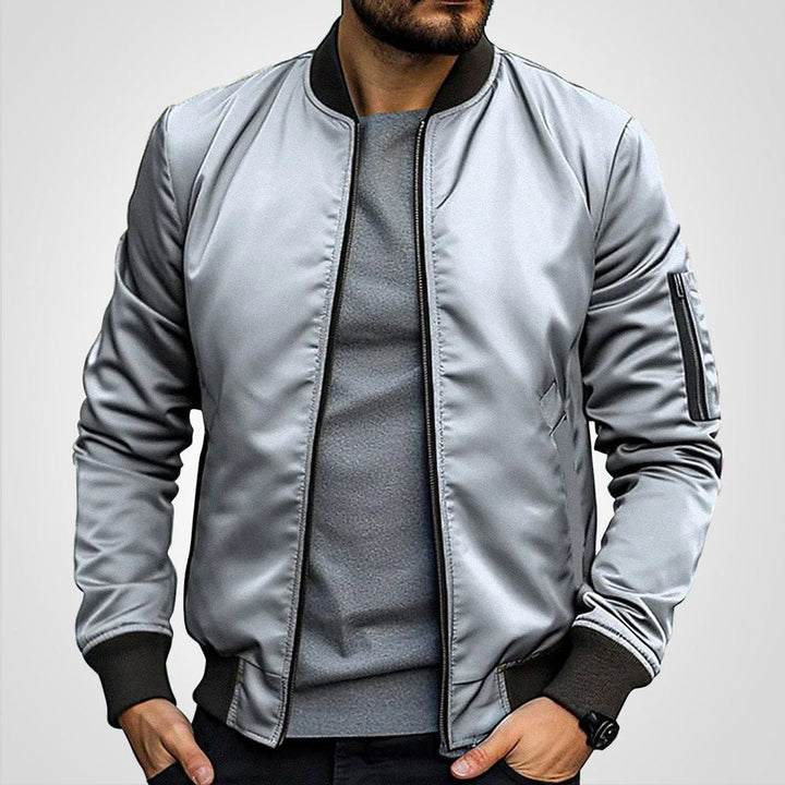 Callahan ribbed trim bomber jacket in light gray, front view