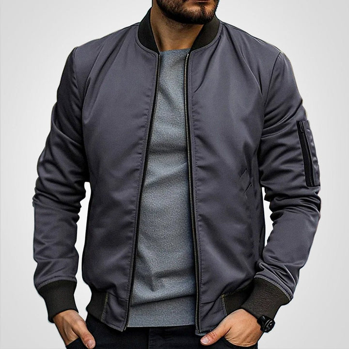 Callahan ribbed trim bomber jacket in dark gray, front view