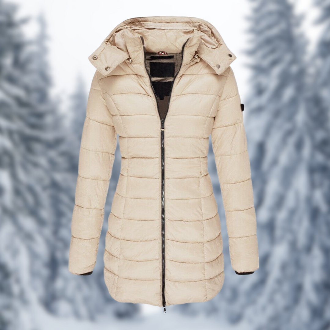 Camille beige hooded quilted longline puffer coat, front view