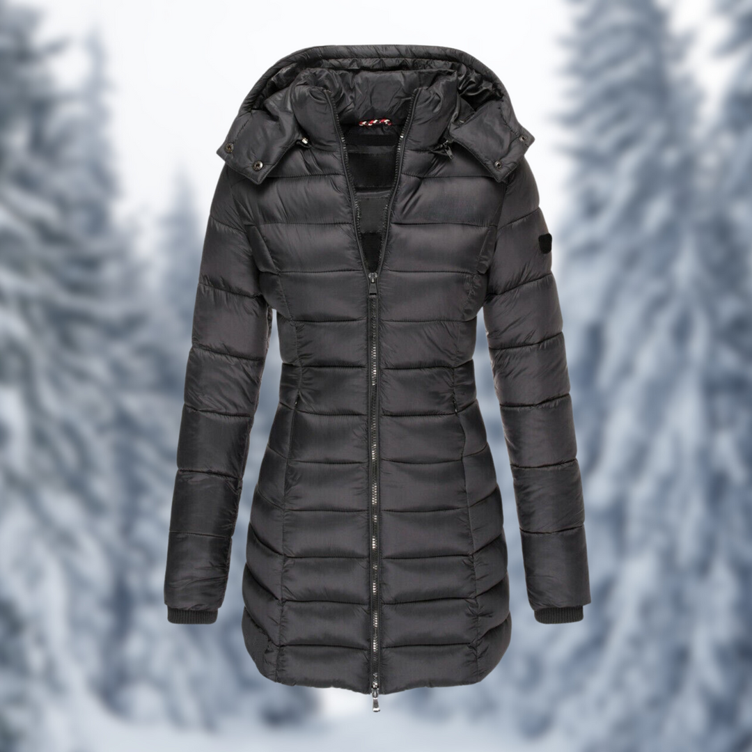 Camille black hooded quilted longline puffer coat, front view