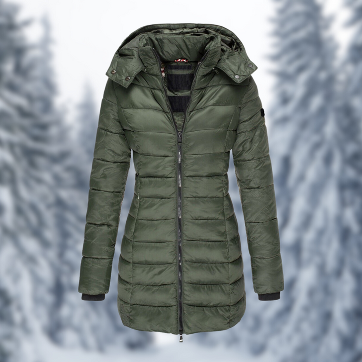 Camille green hooded quilted longline puffer coat, front view