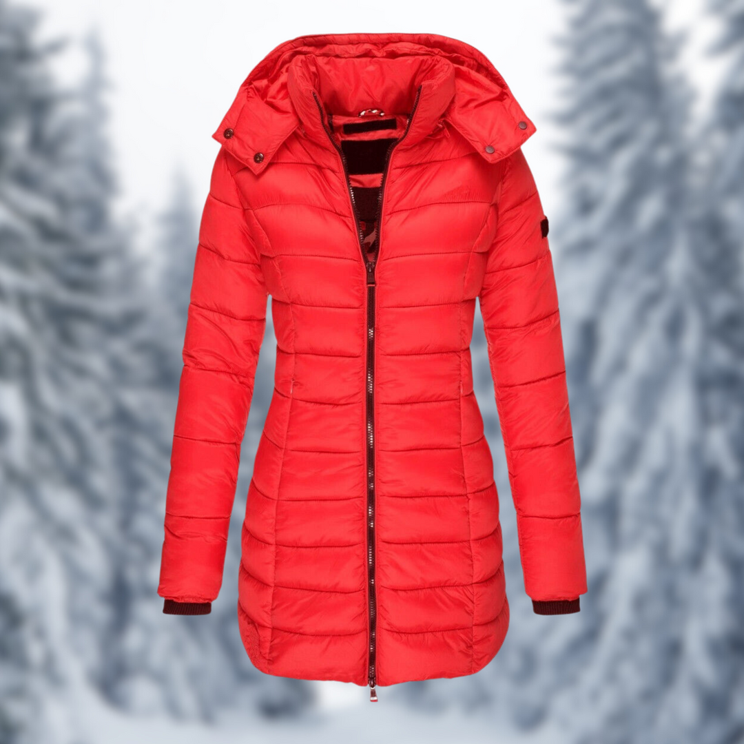 Camille red hooded quilted longline puffer coat, front view
