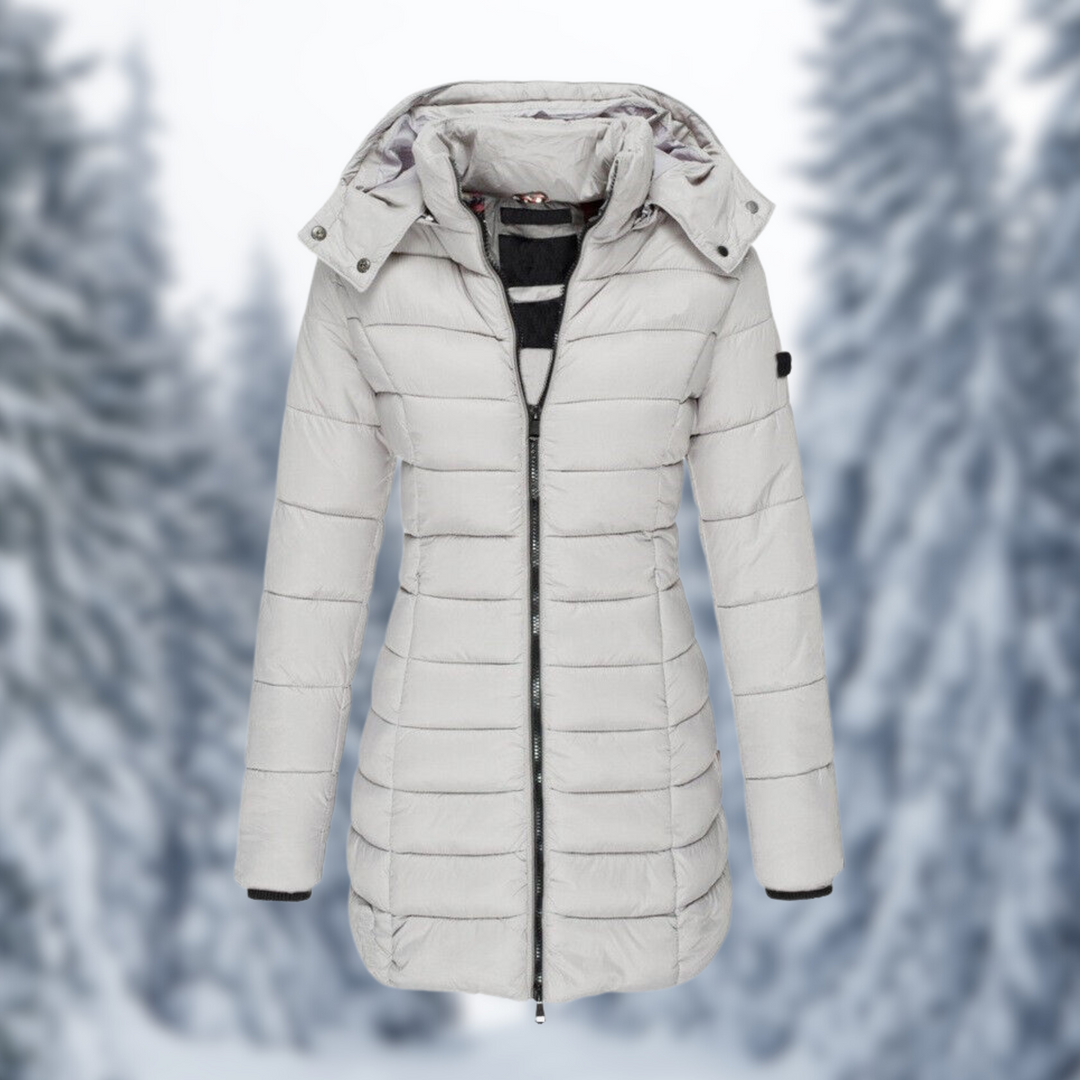 Camille light gray hooded quilted longline puffer coat, front view