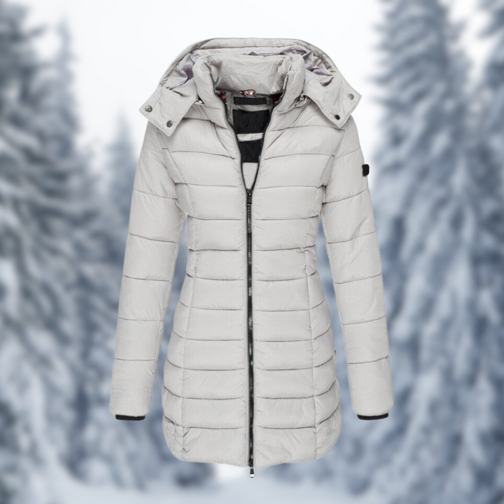 Camille light gray hooded quilted longline puffer coat, front view