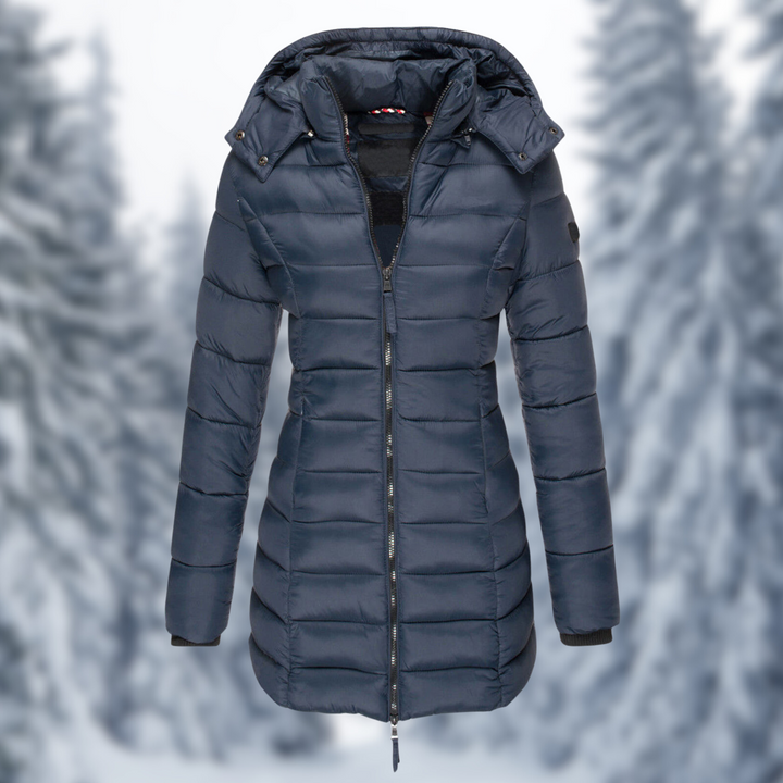 Camille navy blue hooded quilted longline puffer coat, front view