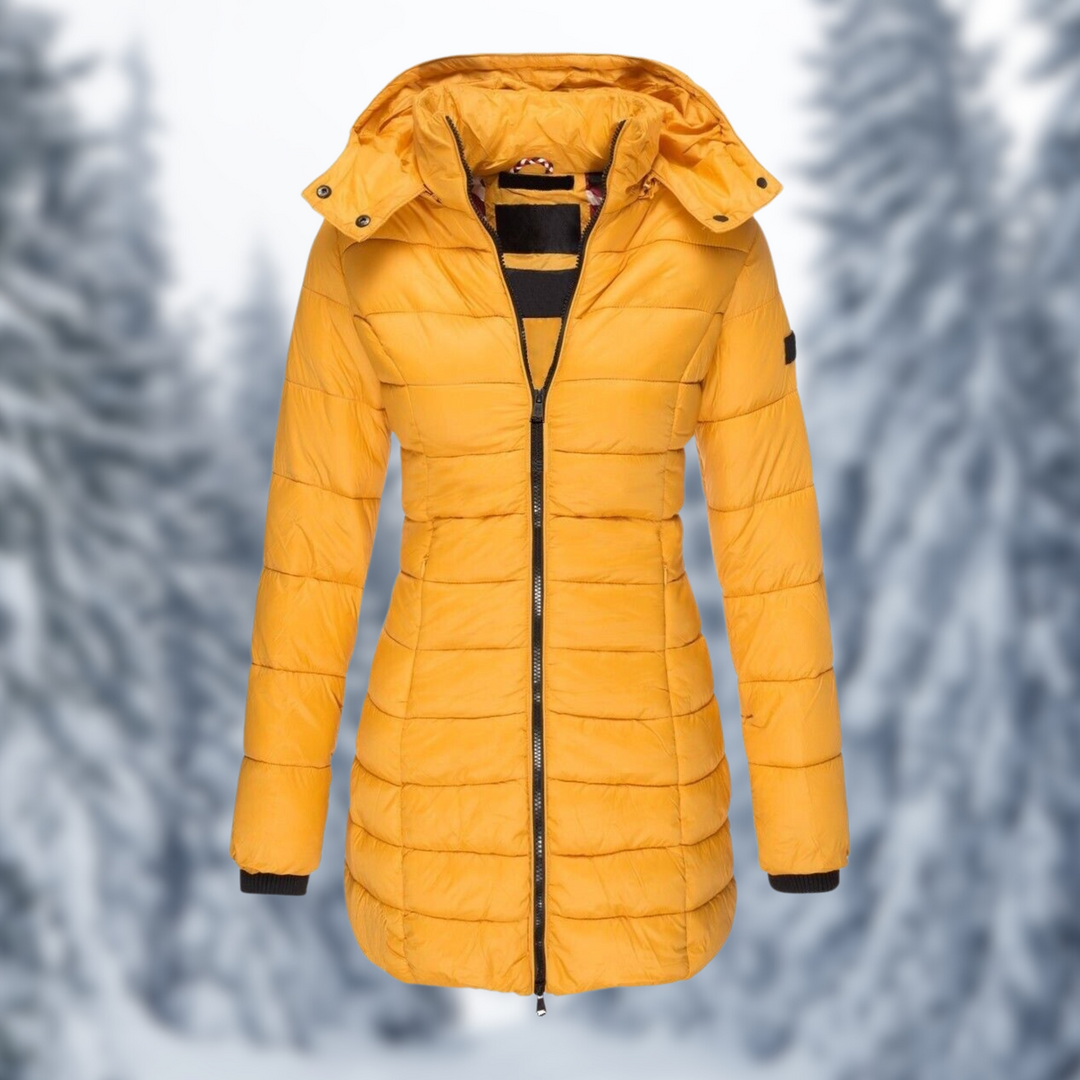 Camille yellow hooded quilted longline puffer coat, front view