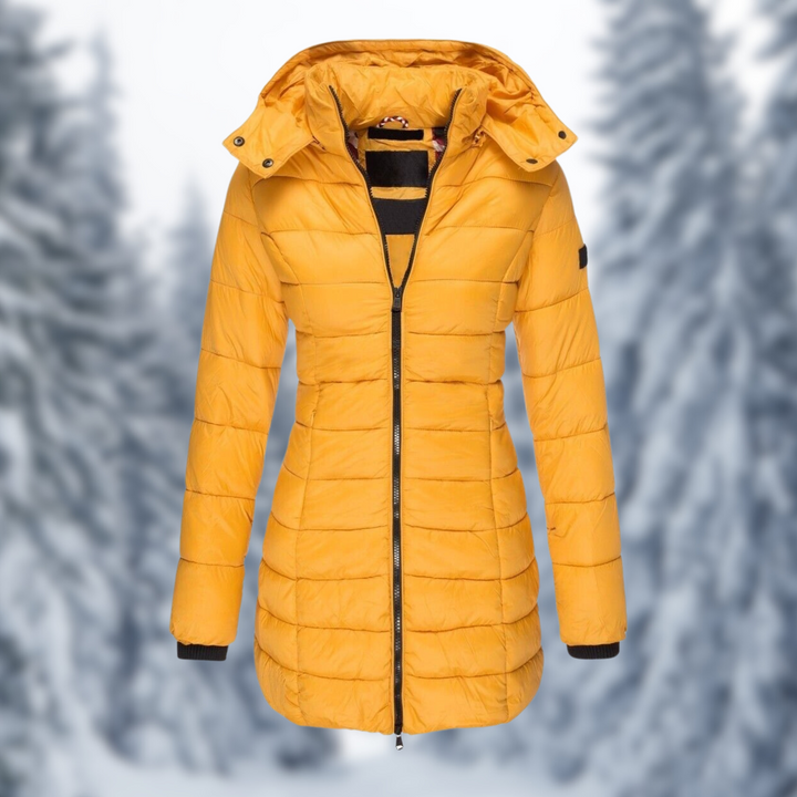Camille yellow hooded quilted longline puffer coat, front view