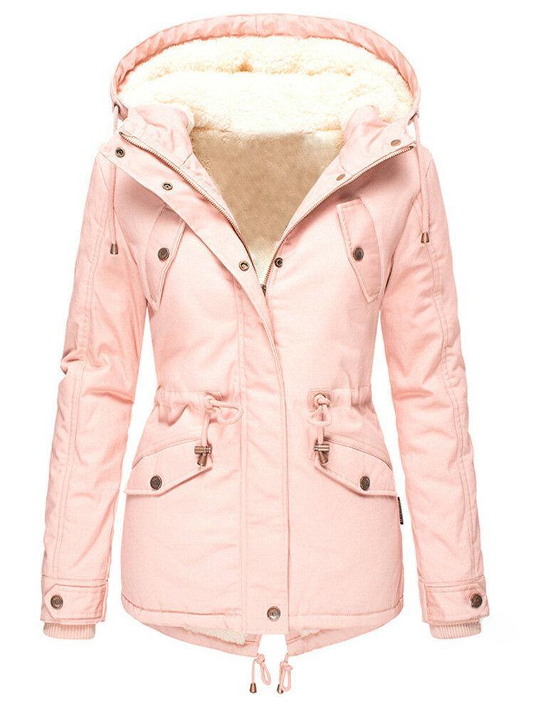 Camille hooded winter parka in pink, front view with hood open showing sherpa lining