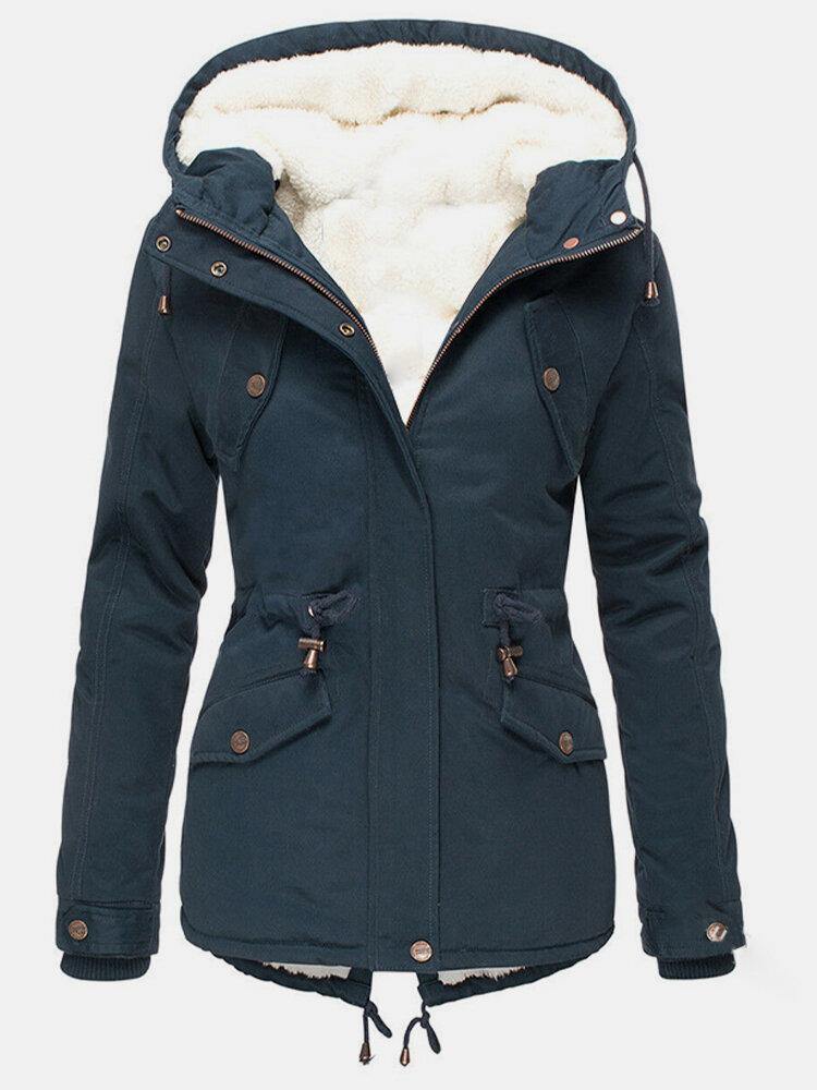 Camille hooded winter parka in navy, front view full length