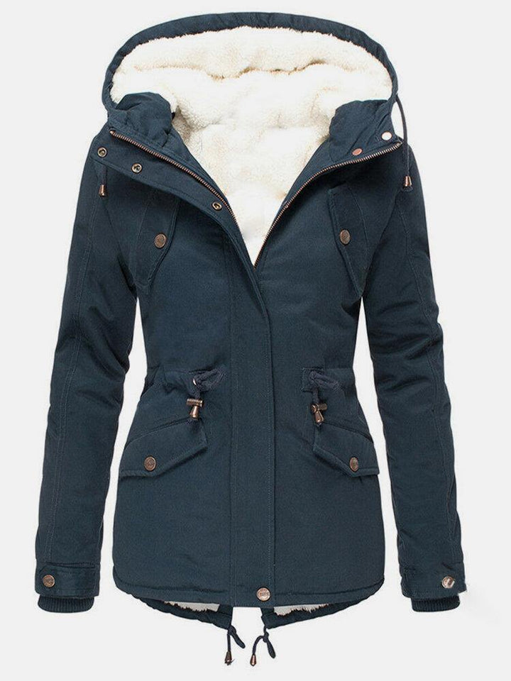 Camille hooded winter parka in navy, front view full length