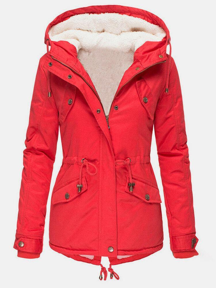Camille hooded winter parka in red, front view with hood and sherpa lining visible