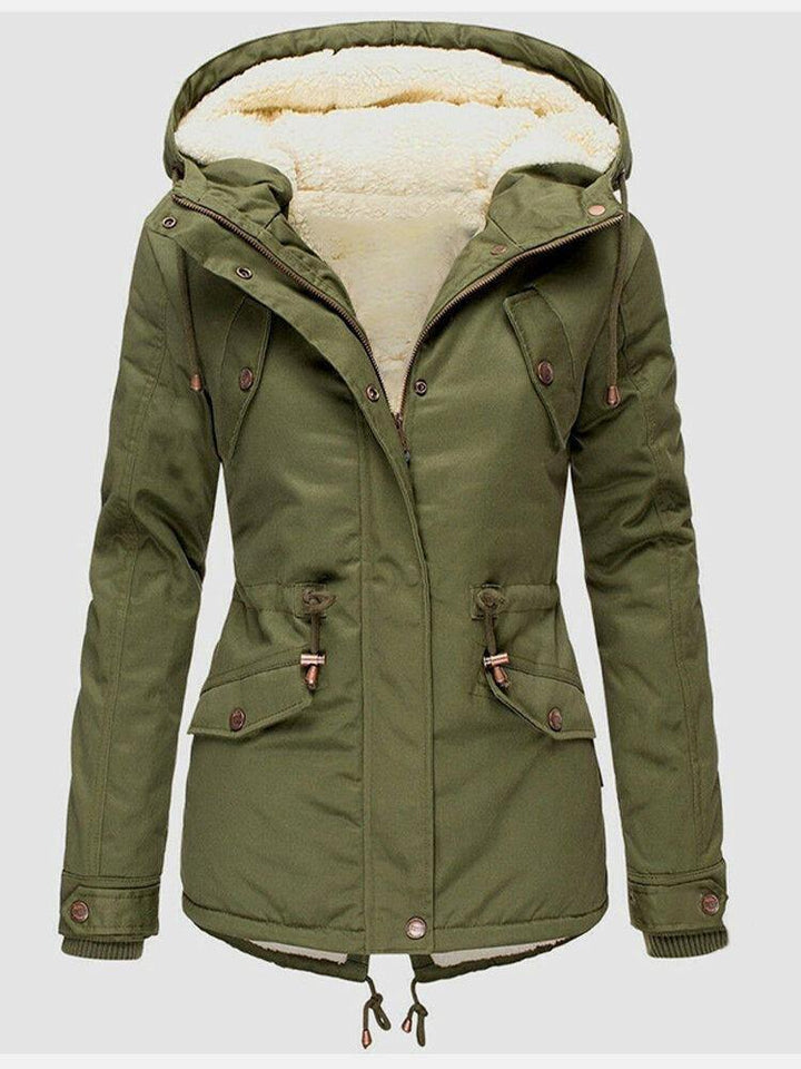 Camille hooded winter parka in olive green, front view with hood and sherpa lining visible