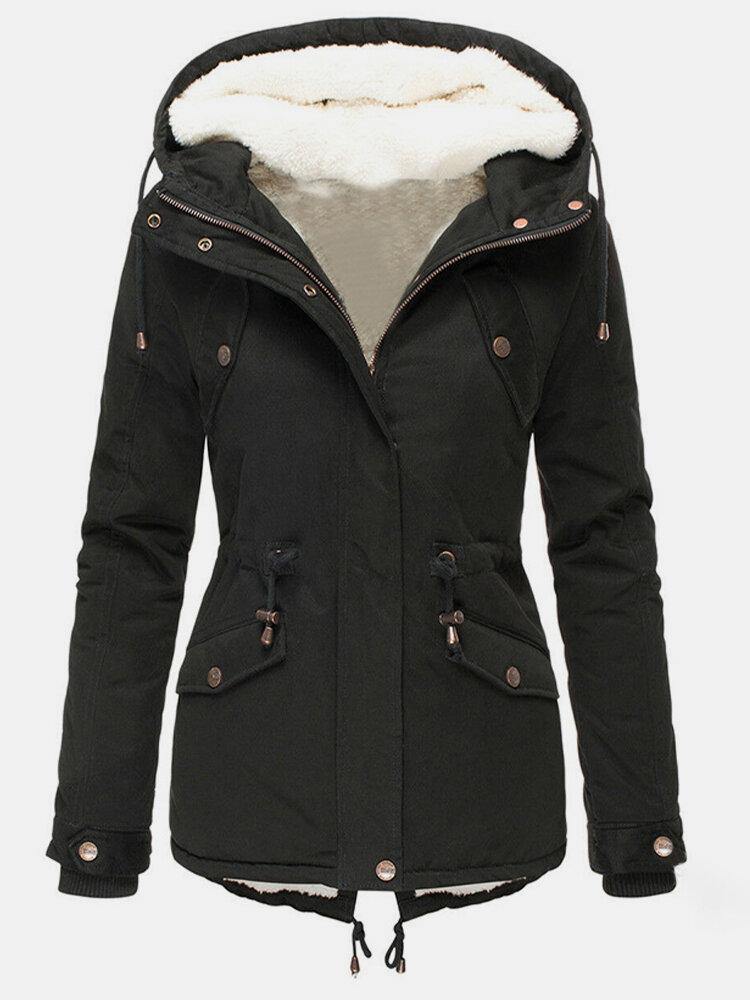 Camille hooded winter parka in black, front view with hood and sherpa lining visible