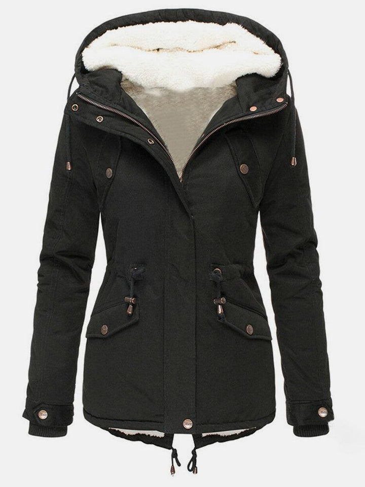 Camille hooded winter parka in black, front view with hood and sherpa lining visible