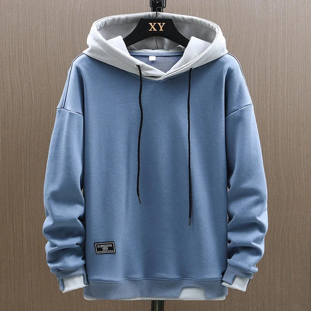 Dashiell two-tone pullover hoodie in blue and gray, front view