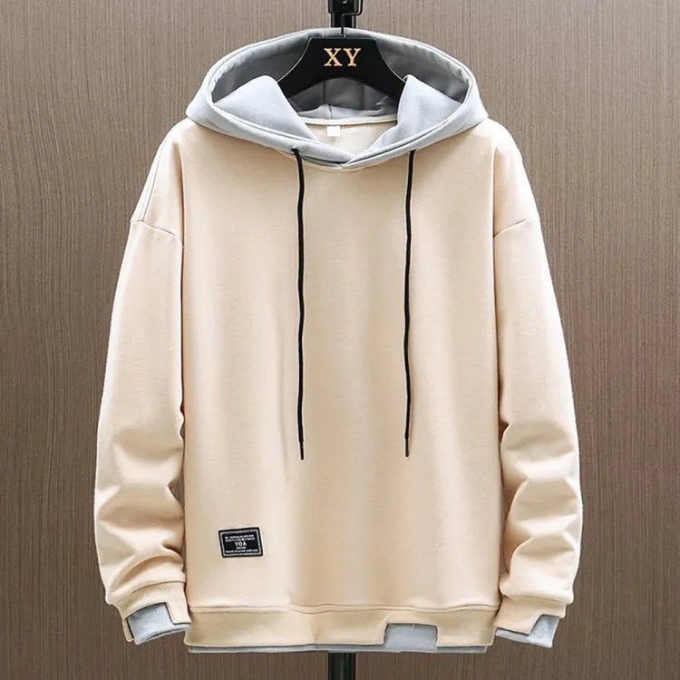 Dashiell two-tone pullover hoodie in beige and gray, front view