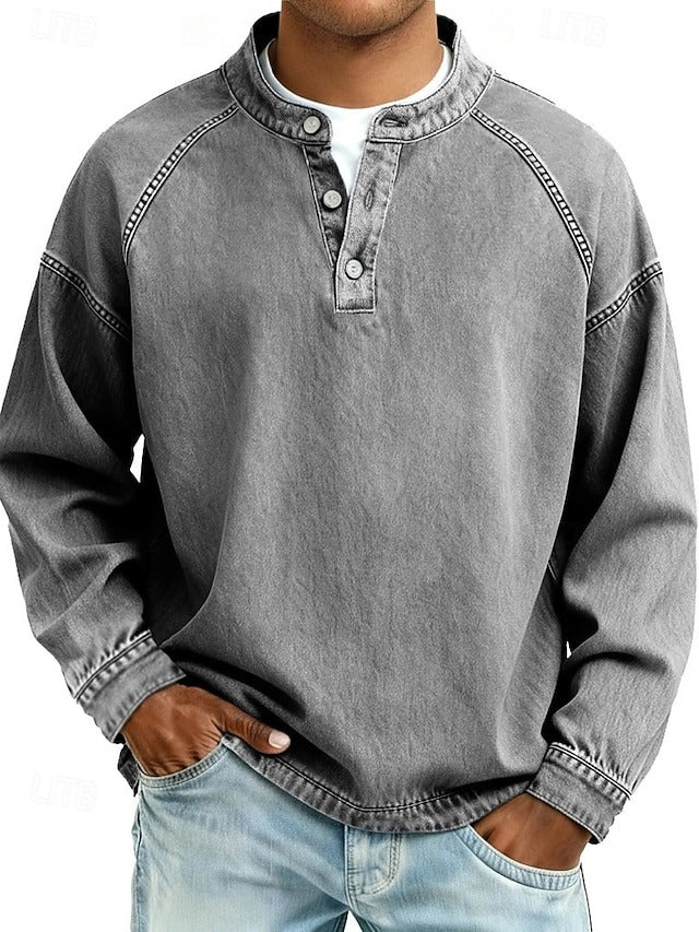 Dashiell vintage mandarin collar long sleeve henley in gray, front view