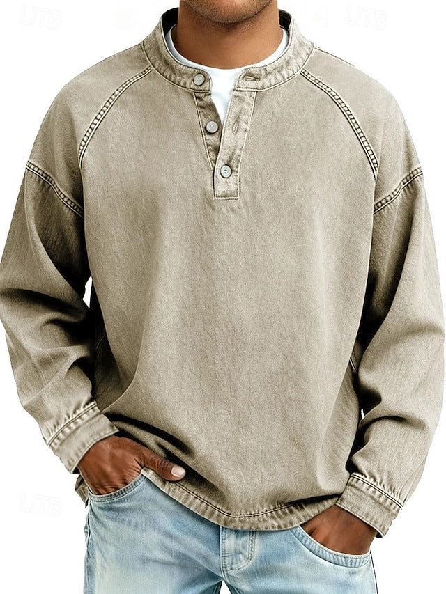 Dashiell vintage mandarin collar long sleeve henley in khaki, front view