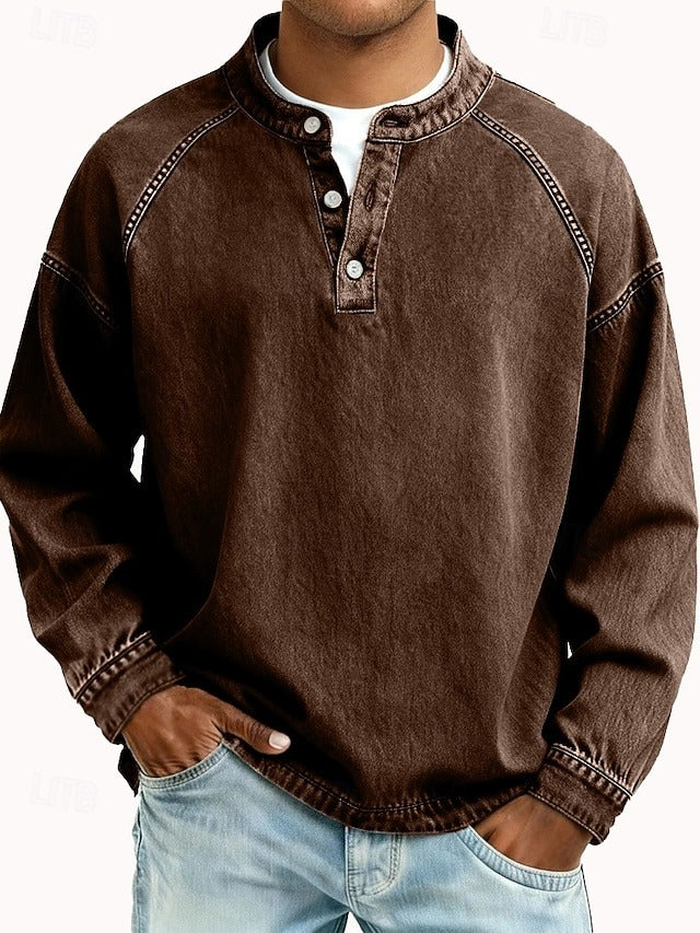 Dashiell vintage mandarin collar long sleeve henley in brown, front view