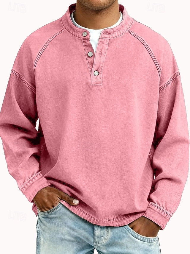 Dashiell vintage mandarin collar long sleeve henley in pink, front view