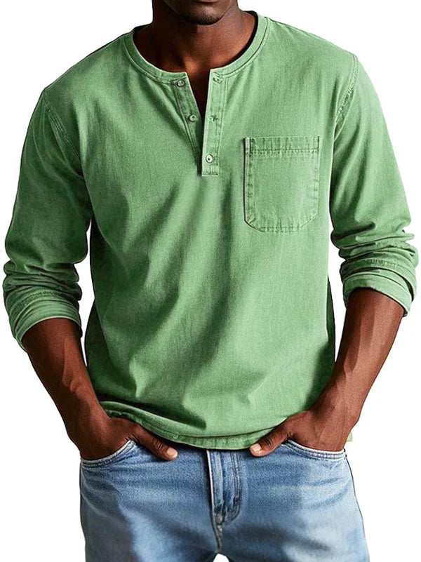 Desmond casual long sleeve henley shirt in green, front view
