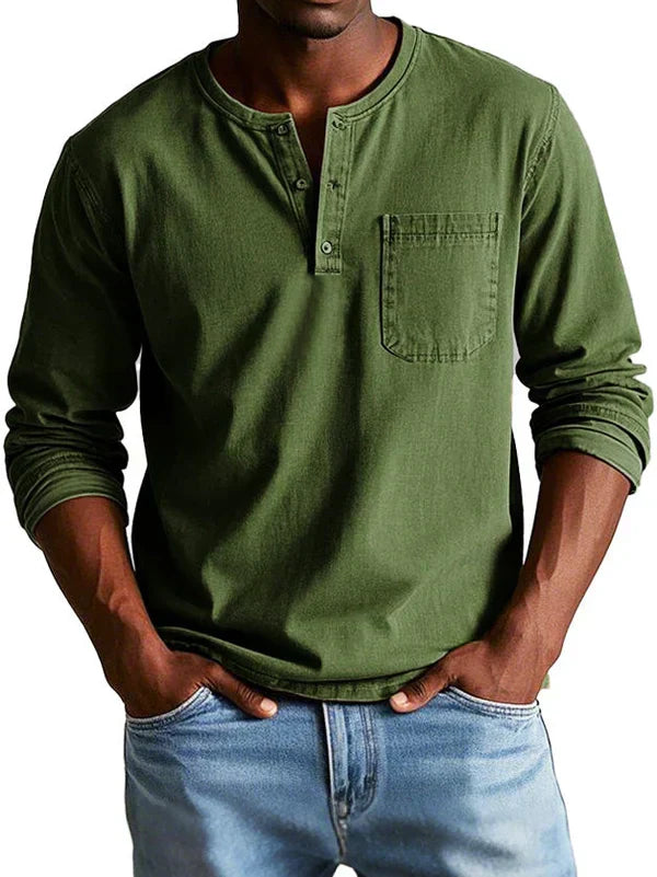 Desmond casual long sleeve henley shirt in olive green, front view