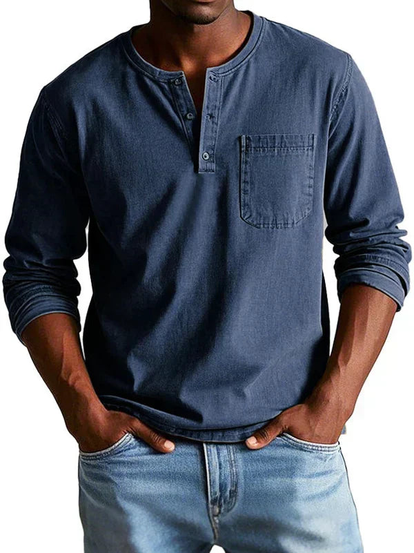 Desmond casual long sleeve henley shirt in navy blue, front view