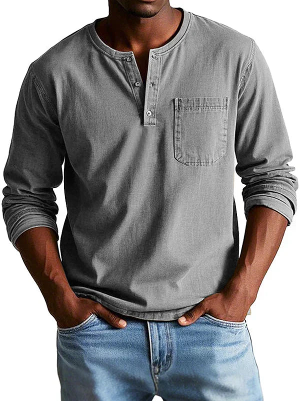 Desmond casual long sleeve henley shirt in gray, front view