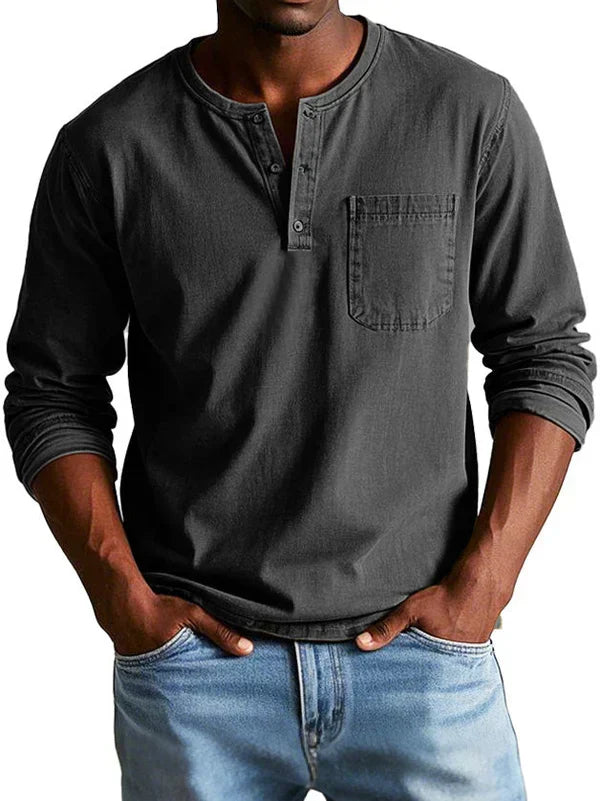 Desmond casual long sleeve henley shirt in dark gray, front view