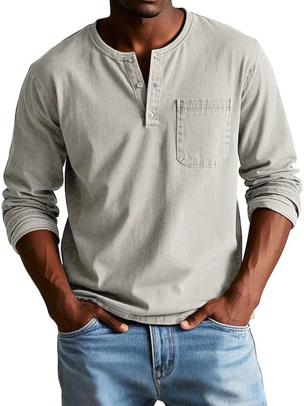 Desmond casual long sleeve henley shirt in light gray, front view