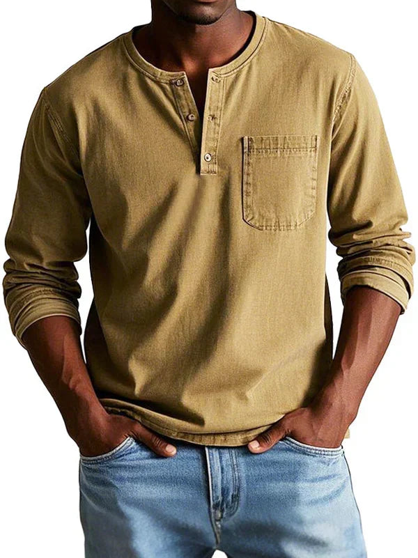 Desmond casual long sleeve henley shirt in khaki, front view