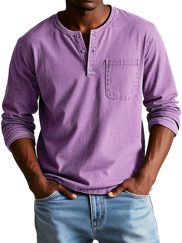 Desmond casual long sleeve henley shirt in purple, front view