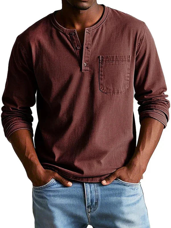 Desmond casual long sleeve henley shirt in dark red, front view