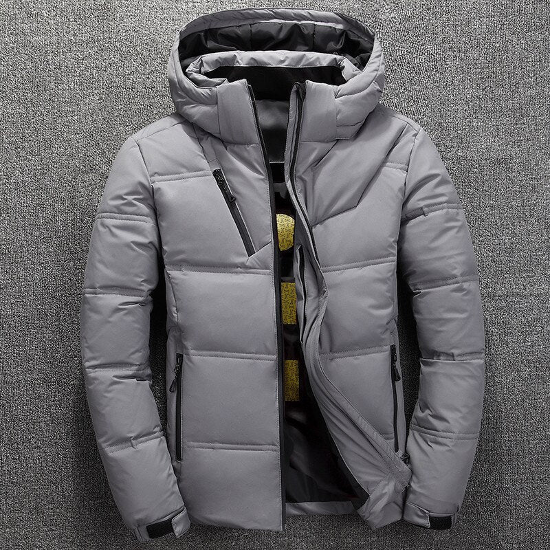Desmond gray quilted winter jacket with detachable hood, front view