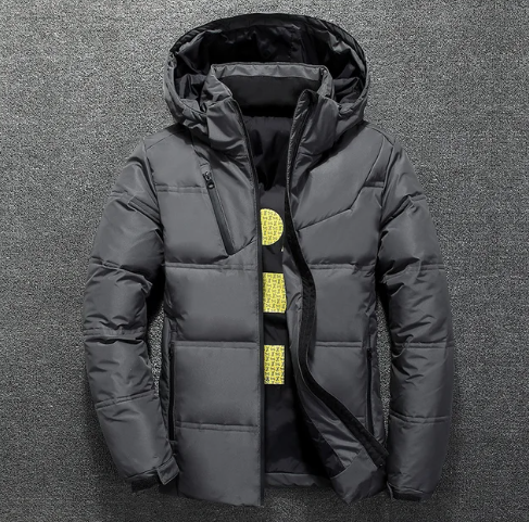 Desmond gray winter jacket, front view close-up