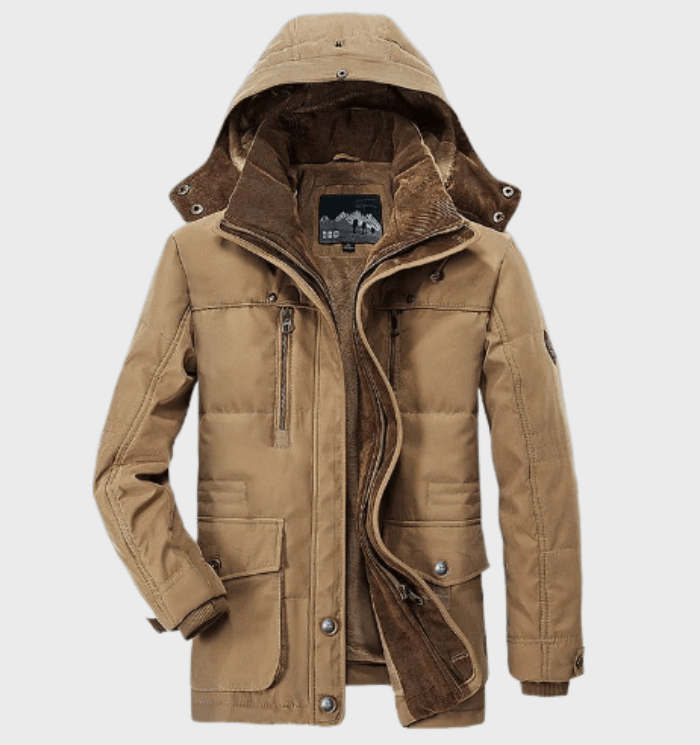 Desmond hooded insulated winter jacket in khaki, front view open