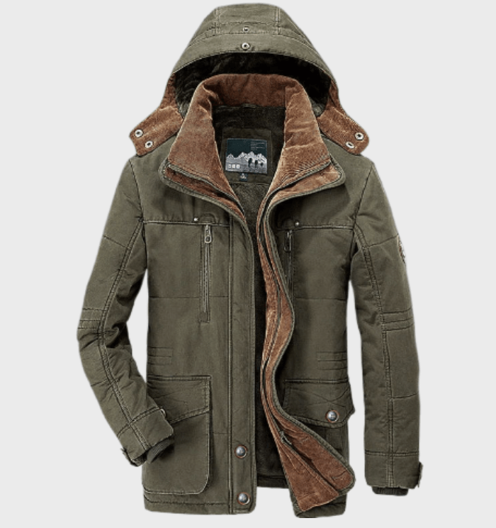Desmond hooded insulated winter jacket in green, front view open