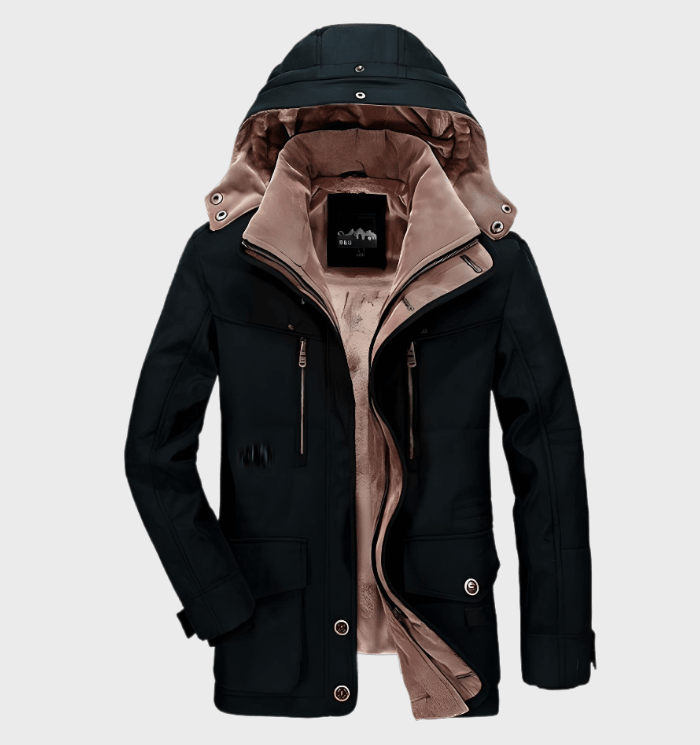 Desmond hooded insulated winter jacket in black, front view open