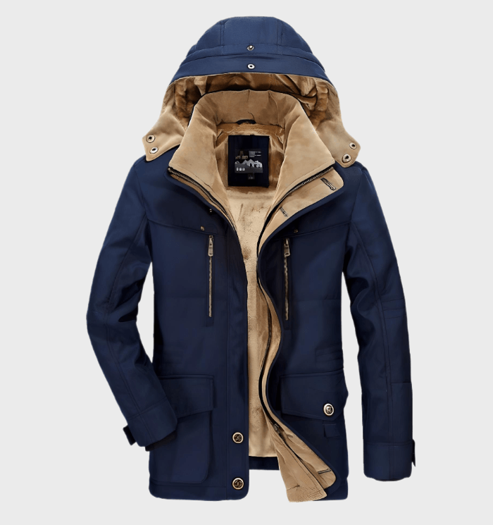 Desmond hooded insulated winter jacket in navy blue, front view open