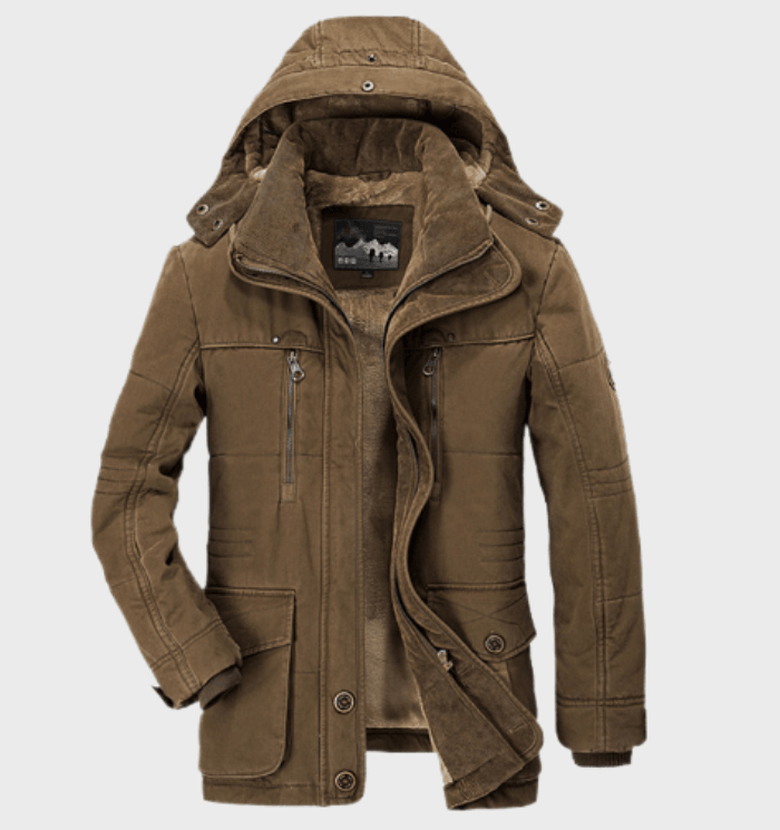 Desmond hooded insulated winter jacket in brown, front view open