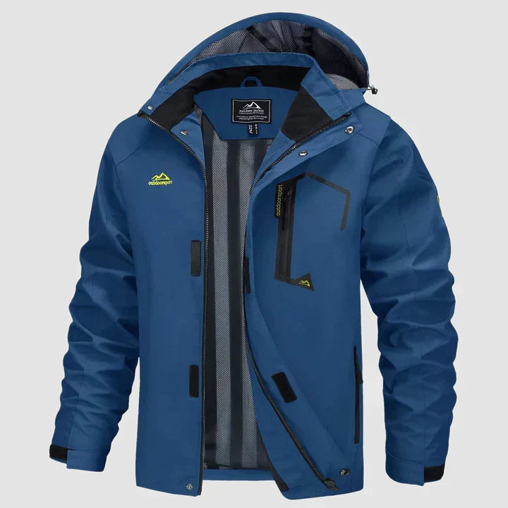 Desmond hooded winter jacket in denim blue, front view