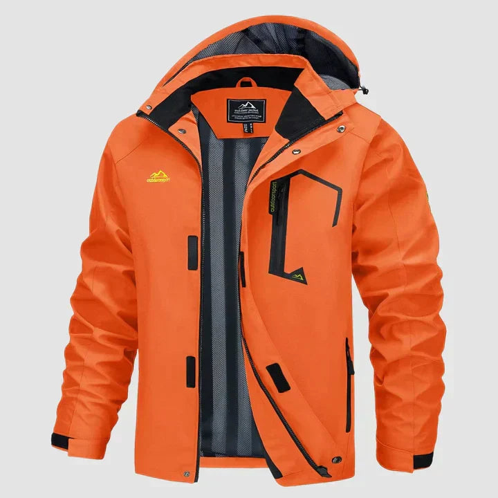 Desmond hooded winter jacket in orange, front view