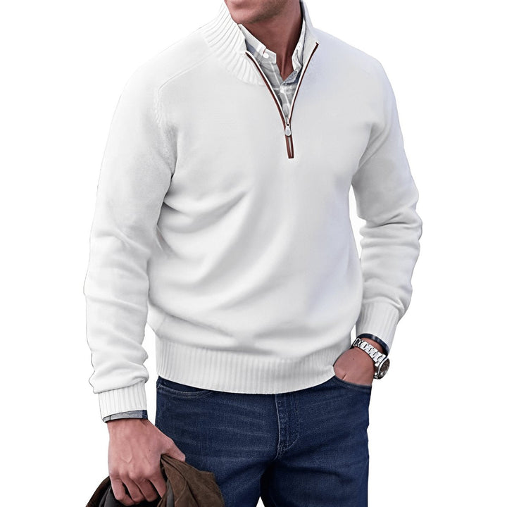 Desmond quarter-zip knit sweater in white, front view